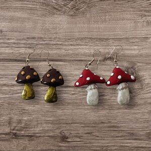 Mushroom Dangle Earrings Red & White, Gold Handmade Resin Each Measures 2in